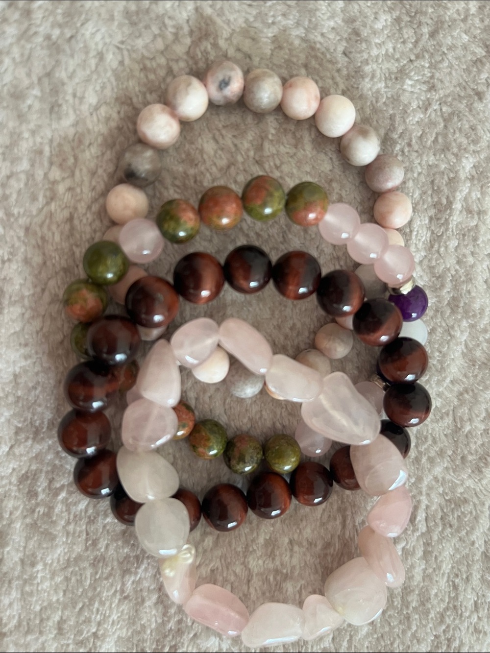 Mixed Natural Stone Bracelet Stack in Pink, Brown & Green $15 the set!
